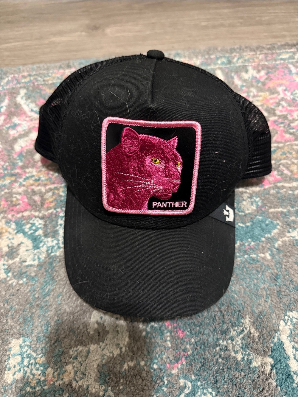 Pink Cat Patch Black Trucker Hat